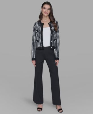Women's Houndstooth Long Sleeve Cardigan with Embellished Button Detail