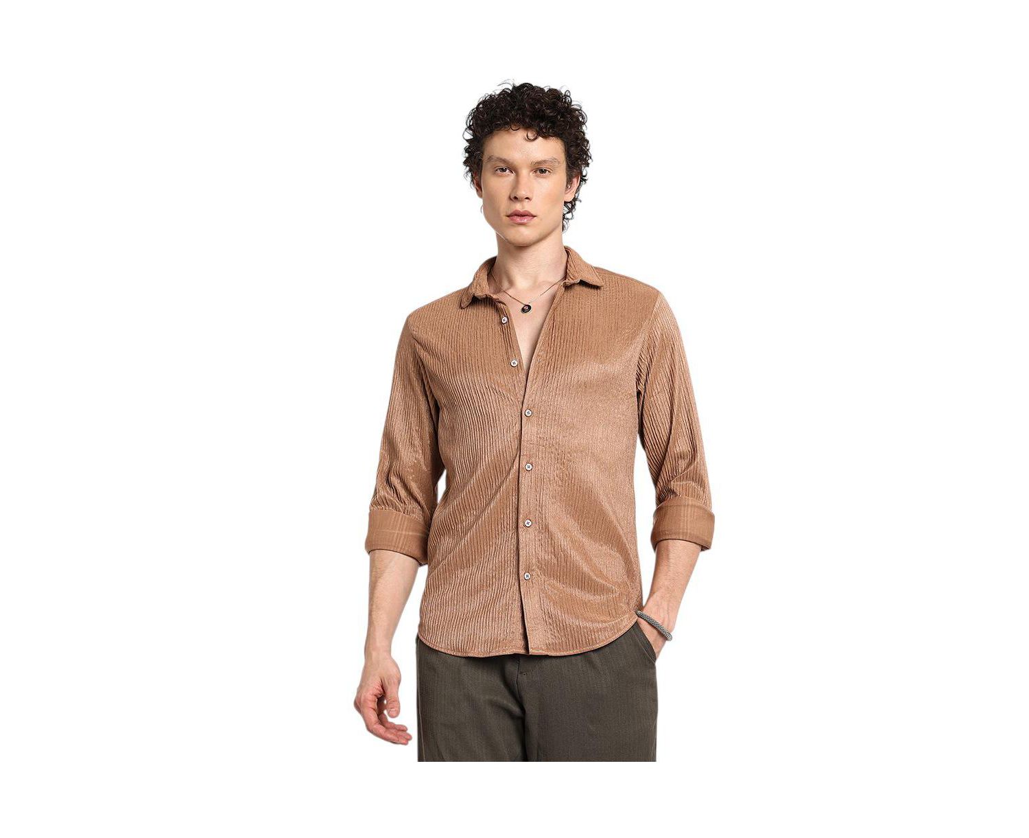 Men's Camel Beige Solid Creased Shirt