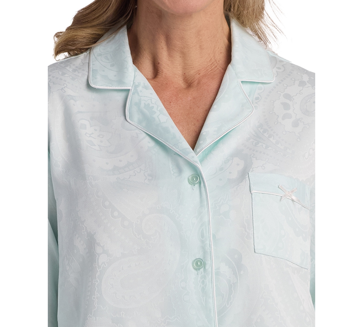 Miss Elaine Women's 2-piece Notch Collar Top And Pull-on Pants Pajama Set In Green