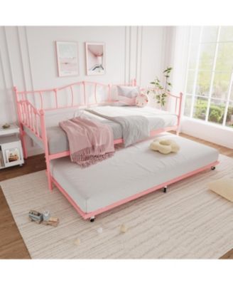 Metal Daybed with Trundle Bed, Twin Size Day Bed With Premium Metal Frame and Steel Slat Support, Daybed and Roll Out Trundle, Pink