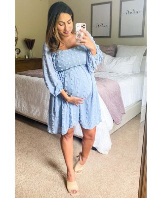 Maternity Pink Textured Dot Smocked Square Neck Chiffon Dress