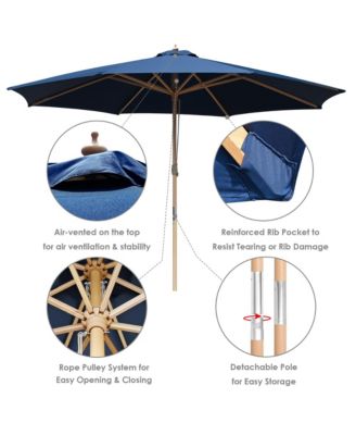 13ft XL Heavy Duty Solid Wood Outdoor Patio Umbrella with Base Parasol Wheels Stand for Bistro Market Table Garden Deck Yard Poolside Navy