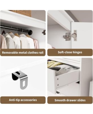 Armoire Wardrobe Closet, 69.5" Wooden Wardrobe Cabinet with 3 Drawers, Hanging Rod, 2 Doors Clothing Storage Cabinet for Bedroom, Large Capacity Storage, Rattan Door, White