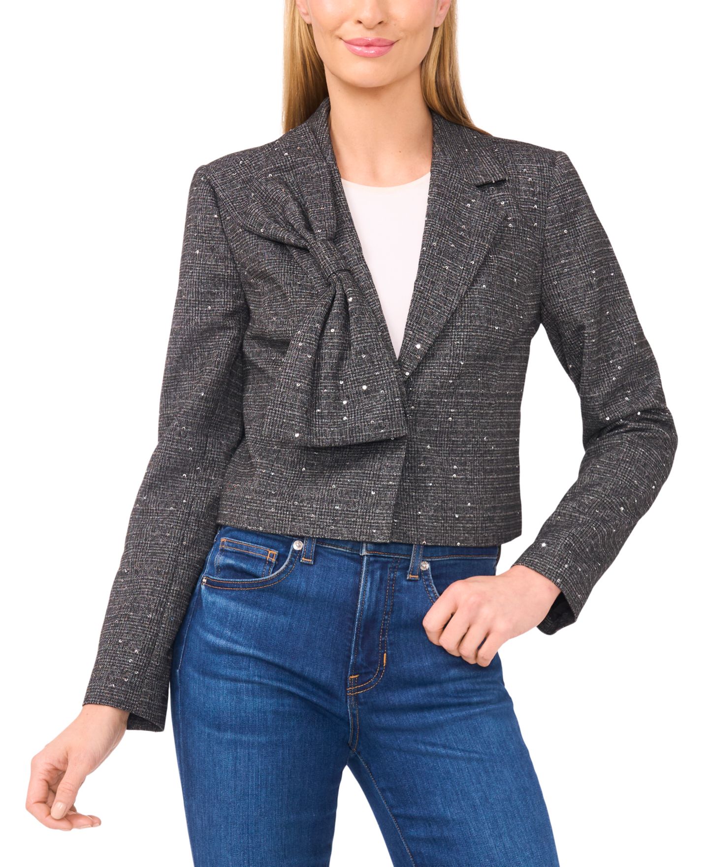 Женский пиджак CeCe Cropped Long Sleeve Lapel Bow Blazer, цвет: Насыщенный чёрный — фото 1