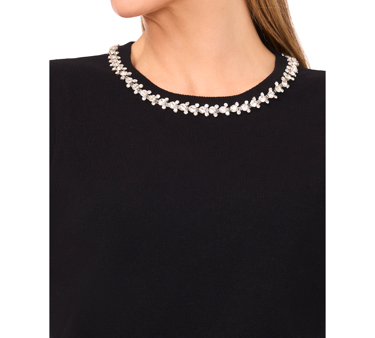 Cece Embellished Collar Short Sleeve Cotton Sweater In Black