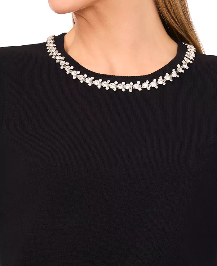 Women's Embellished Neck Trim Short Sleeve Sweater Top - thumbnail 5