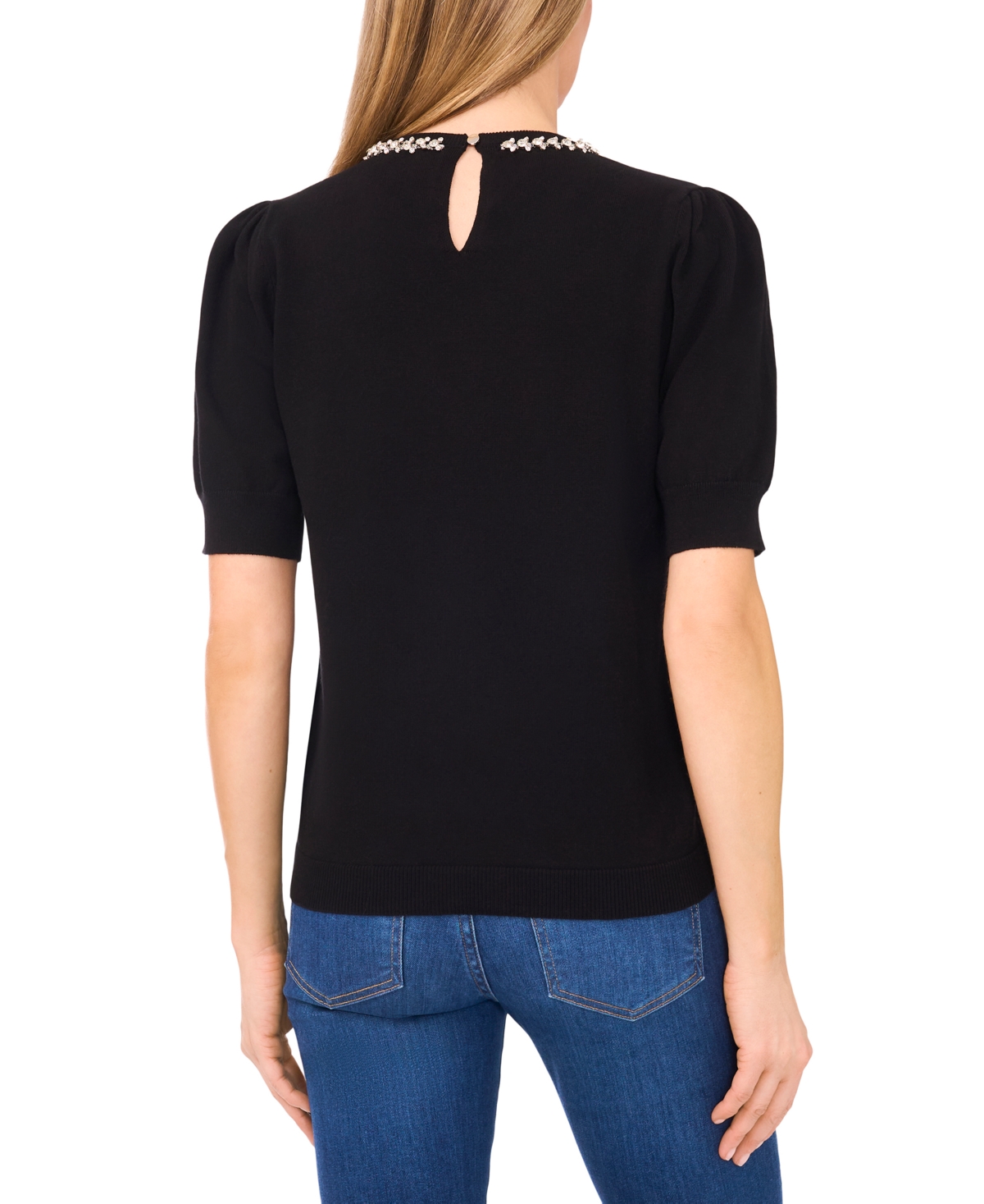 Cece Embellished Collar Short Sleeve Cotton Sweater In Black