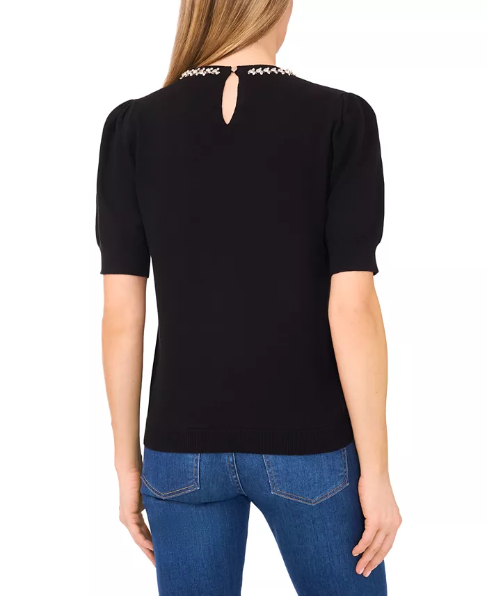 Women's Embellished Neck Trim Short Sleeve Sweater Top - thumbnail 6