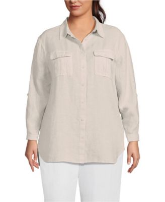 Plus Size Linen Roll Sleeve Relaxed Tunic Top