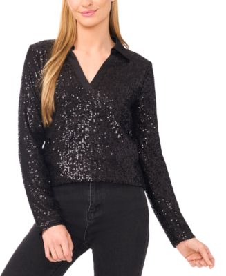 (取寄) シーシー レディース ロング スリーブ シークイン ポロ トップ CeCe women Long Sleeve Sequin Polo Top Rich Black CeCe Women's Sequinned Long Sleeve Polo Top - Macy's