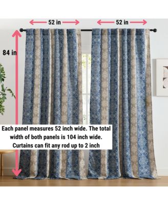 William Boho Damask Striped Patterned Window Back Tab Rod Pocket Curtains Bedroom - Light Blocking Darkening Window Panels, Set of 2