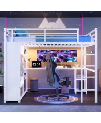 Queen Loft Bed with Wardrobe Desk & Shelves - White