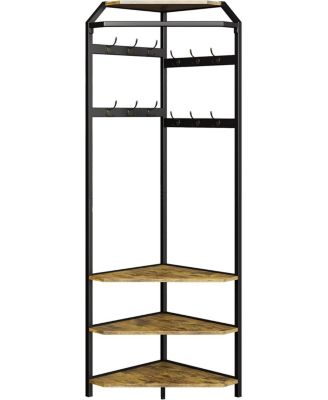 Corner Coat Rack With Shoe Bench and 6 Double Hooks, Corner Hall Tree - Clothes Rack With Storage Hall Tree With Organizer Shelf for Entryway, Hallway, Closet (02-Rustic Brown)