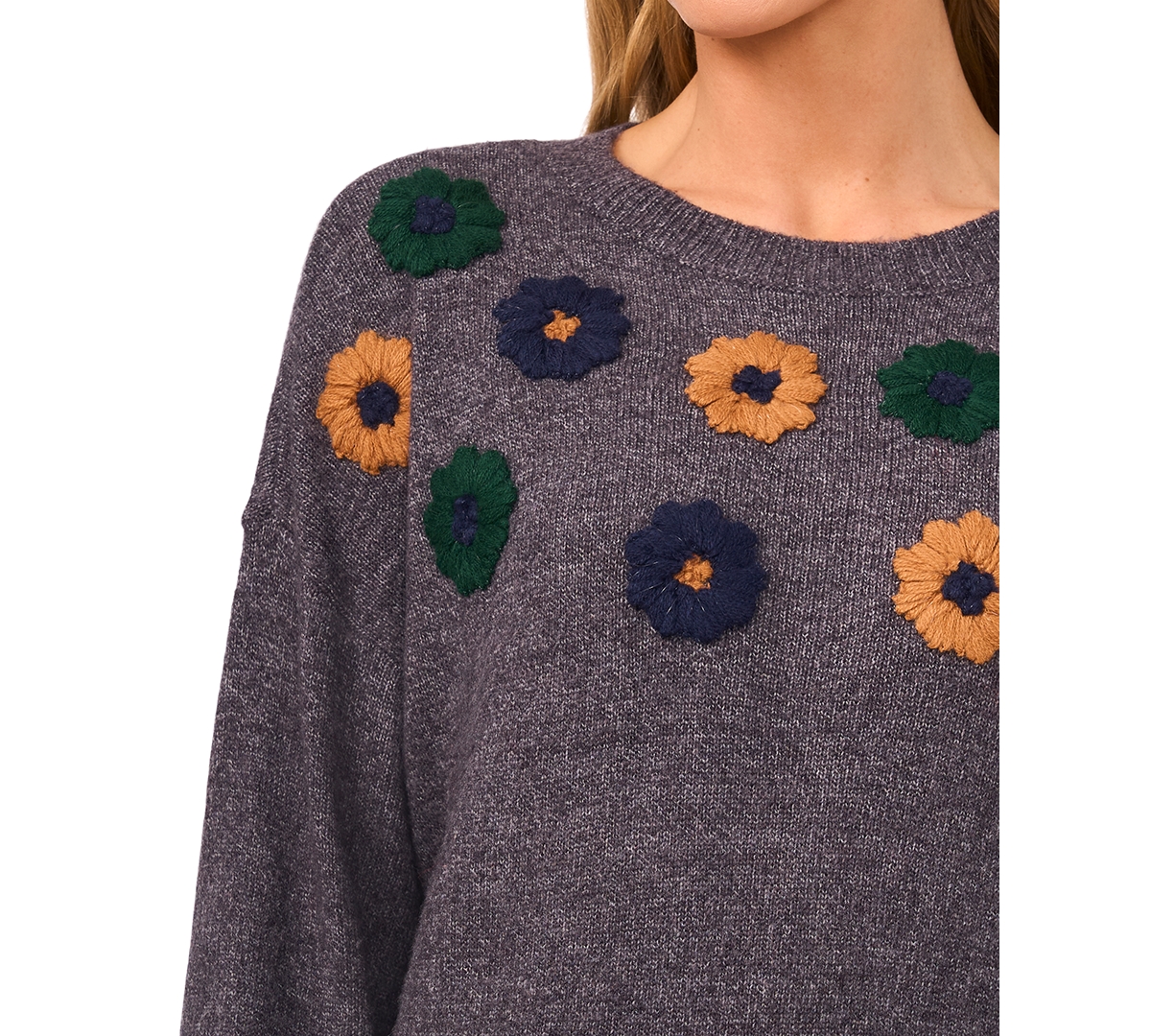 CeCe Women's Multicolor Embroidered Flower Long Sleeves Sweater