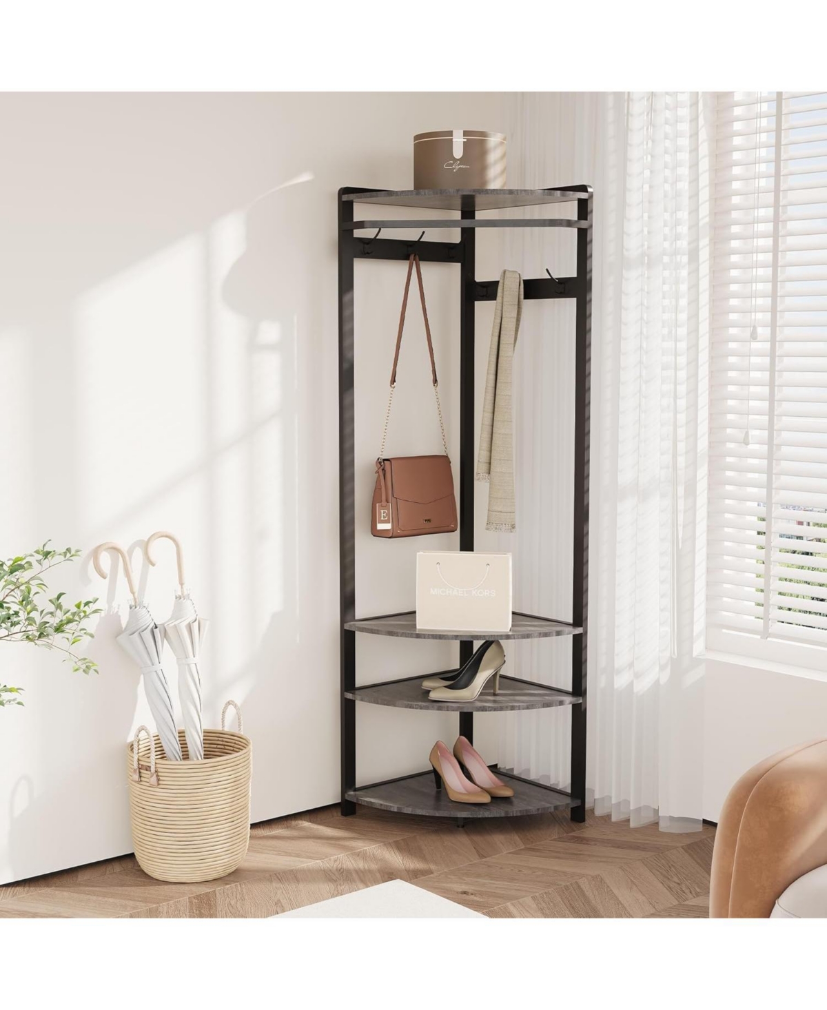 3-in-1 Narrow Corner Coat Rack Stand with Shoe Bench & Storage Shelf - 70.8" Tall Entryway Organizer for Hallway, Bedroom, Living Room - Space Sa