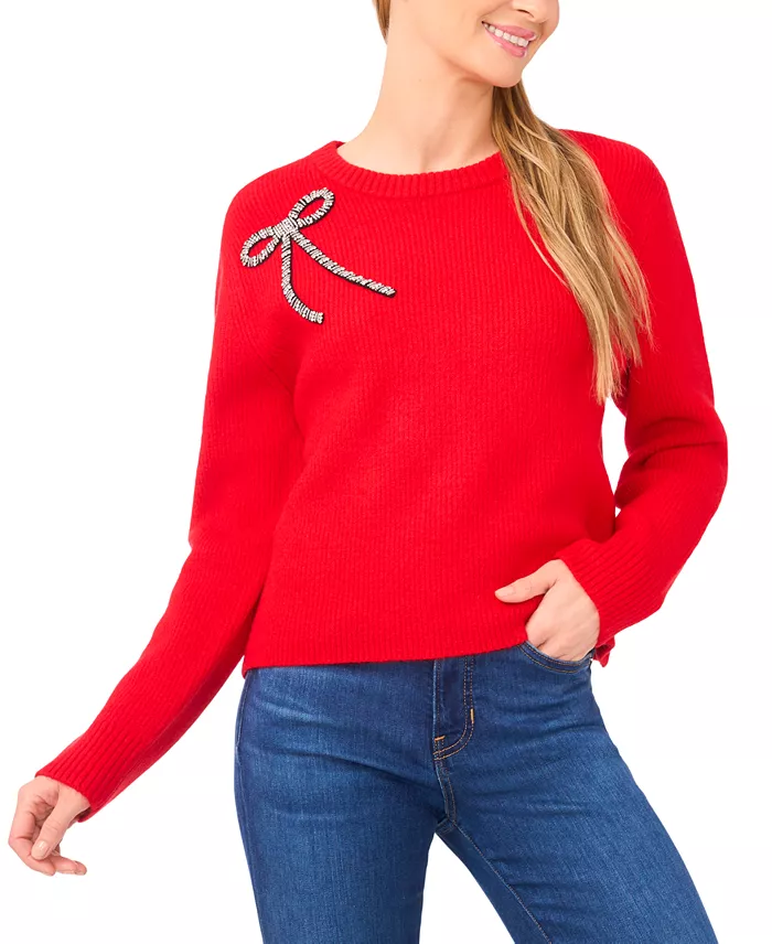 Women's Oversized Crewneck Bow Appliqu&eacute; Long-Sleeve Sweater - thumbnail 4