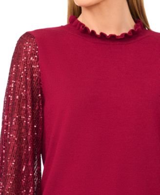 Women's Ruffle Trim Sequin Long Sleeves Sweater