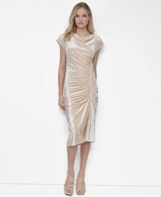 Women's Cap Sleeve Ruched Velvet Midi Dress