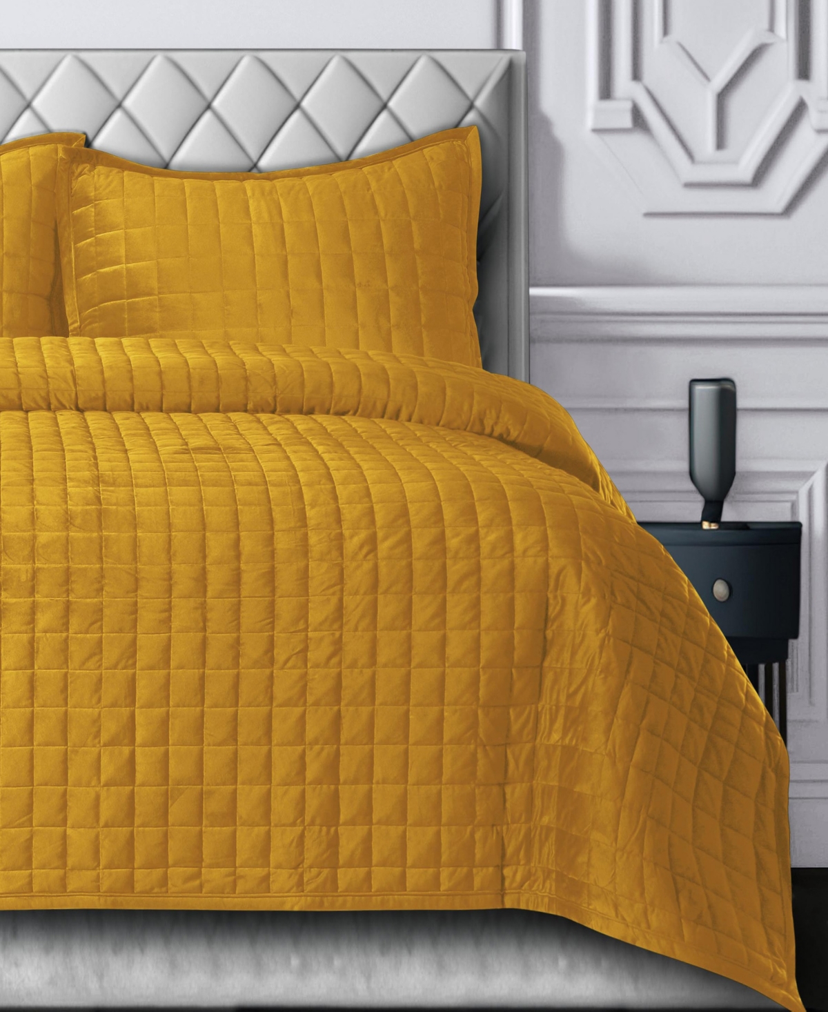 Tribeca Living Florence Velvet Solid Oversized Quilt Set, King In Gold