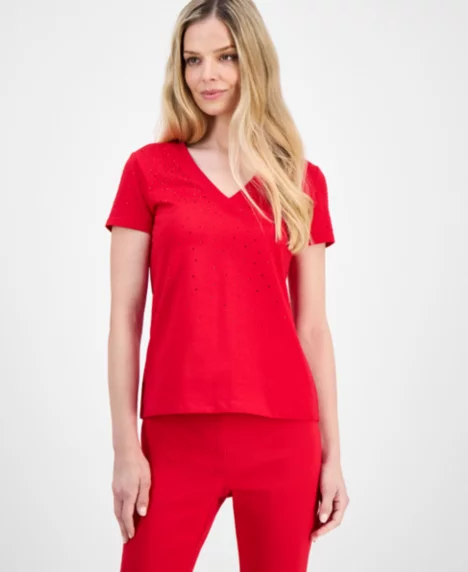 Petite Embellished V-Neck T-Shirt - Real Red