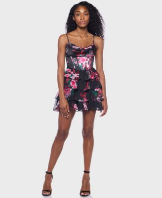 Juniors' Tiered Satin Skirt Corset Draped Neck Dress