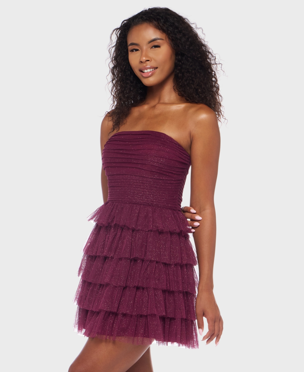 B Darlin Juniors' Strapless Side-shirred Tiered Glitter Mini Dress In Burgundy