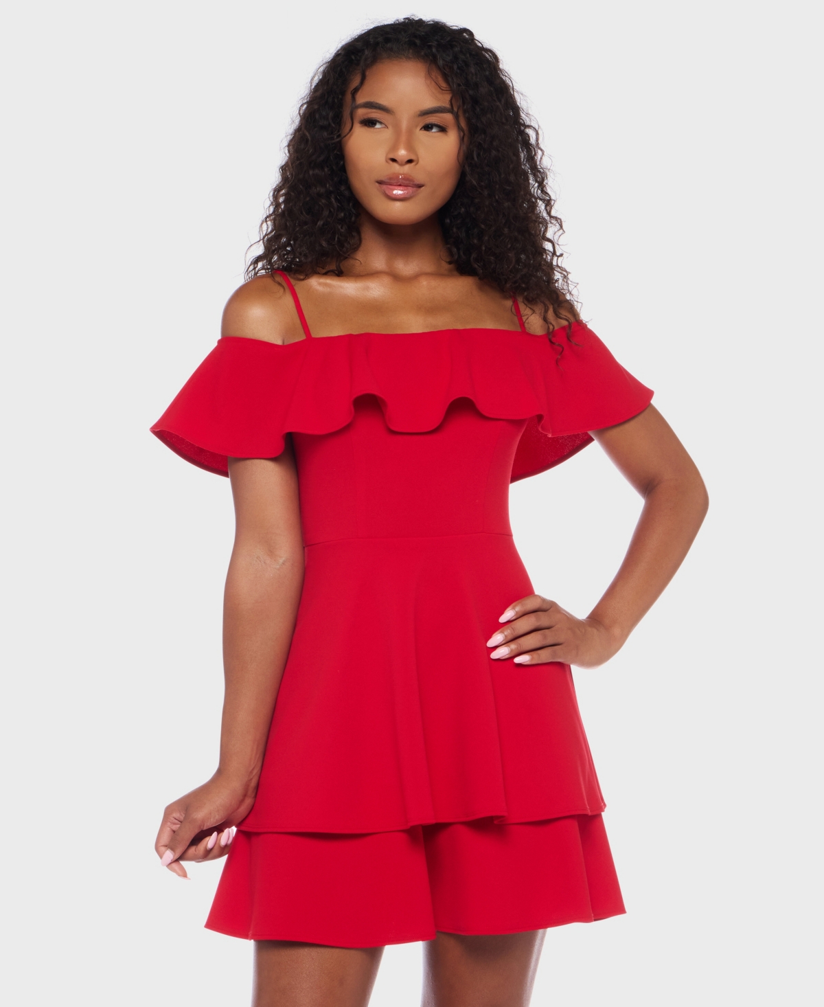 B Darlin Juniors' Ruffled Off-the-shoulder Dress In Red