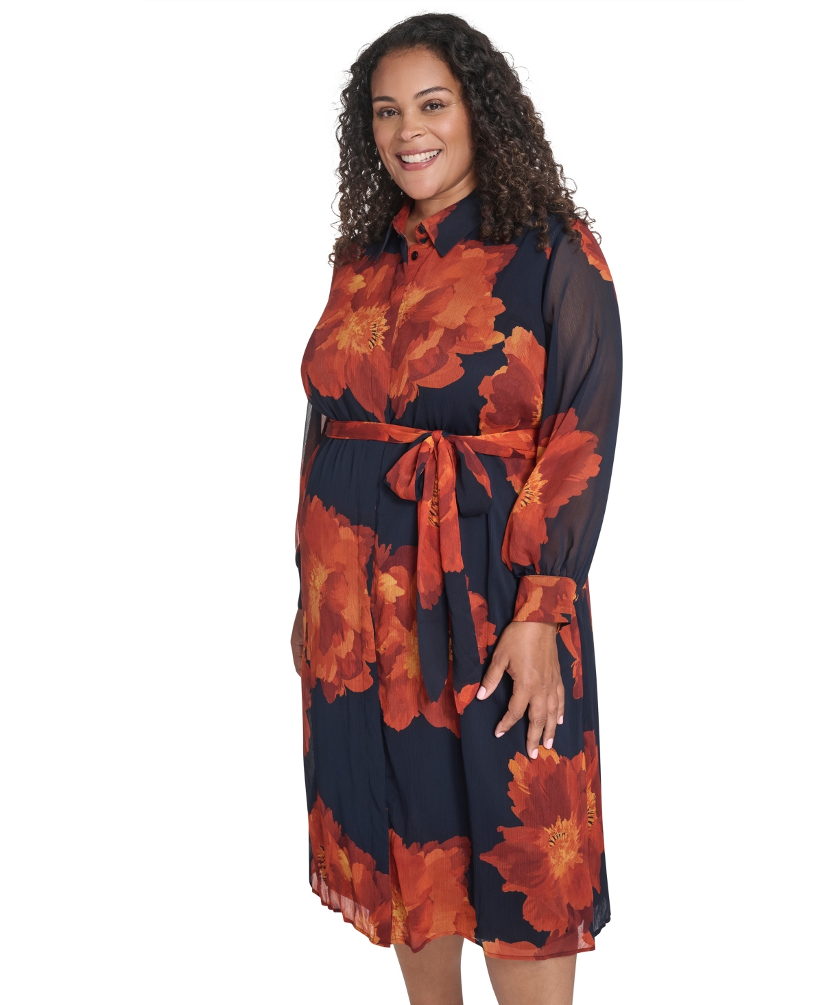 Calvin Klein Plus Size Long-sleeve Printed Midi Dress In Multi