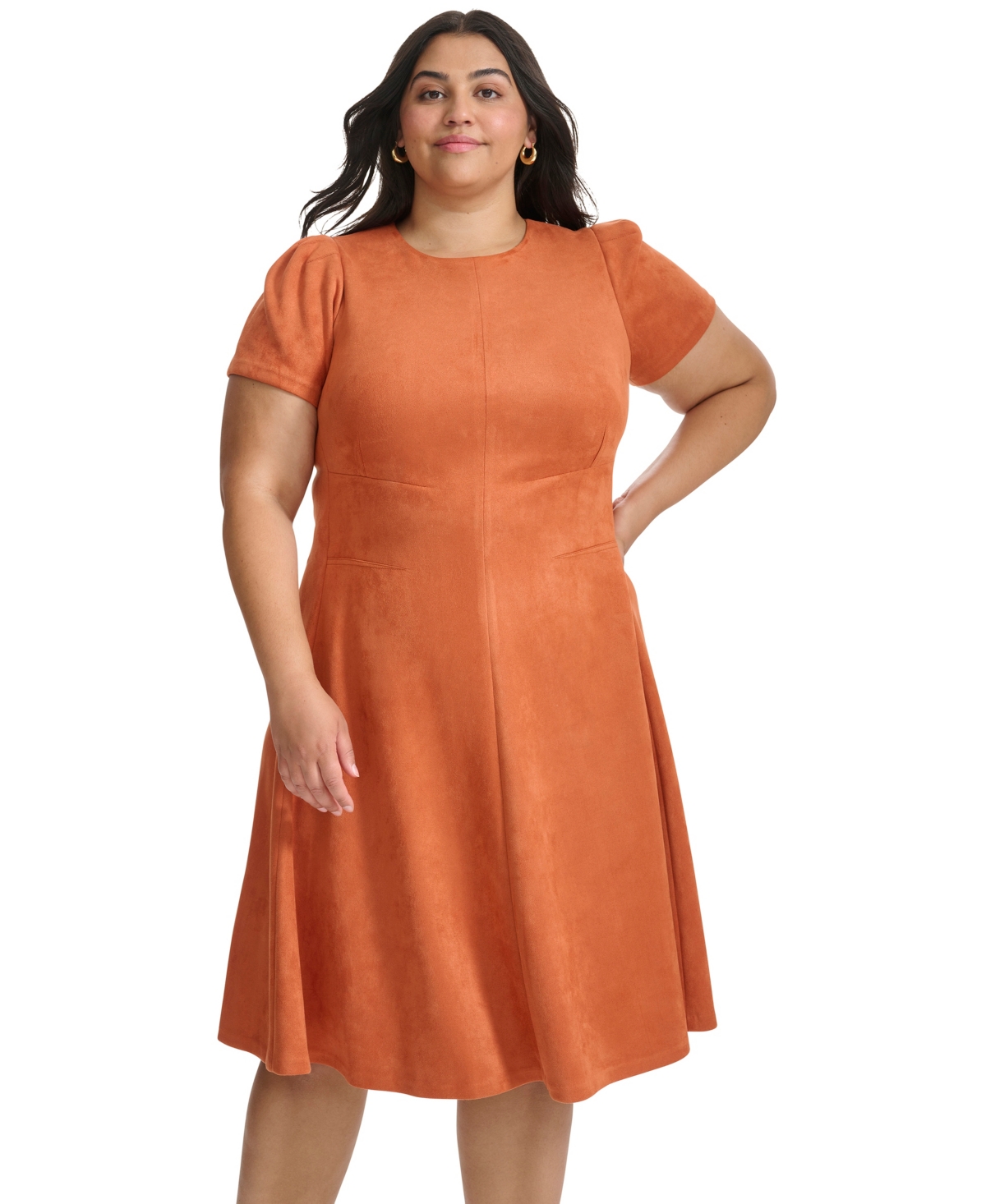 Calvin Klein Plus Size Short Sleeve Fit And Flare Dress In Brown