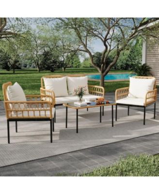 4 Pieces Patio Furniture Sets Wicker Outdoor Patio Table and Chairs Set with Glass Side Table, Loveseat Chairs, Boho Rattan Conversation Sets for Bistro, Apartment, Backyard, Porch, Beige
