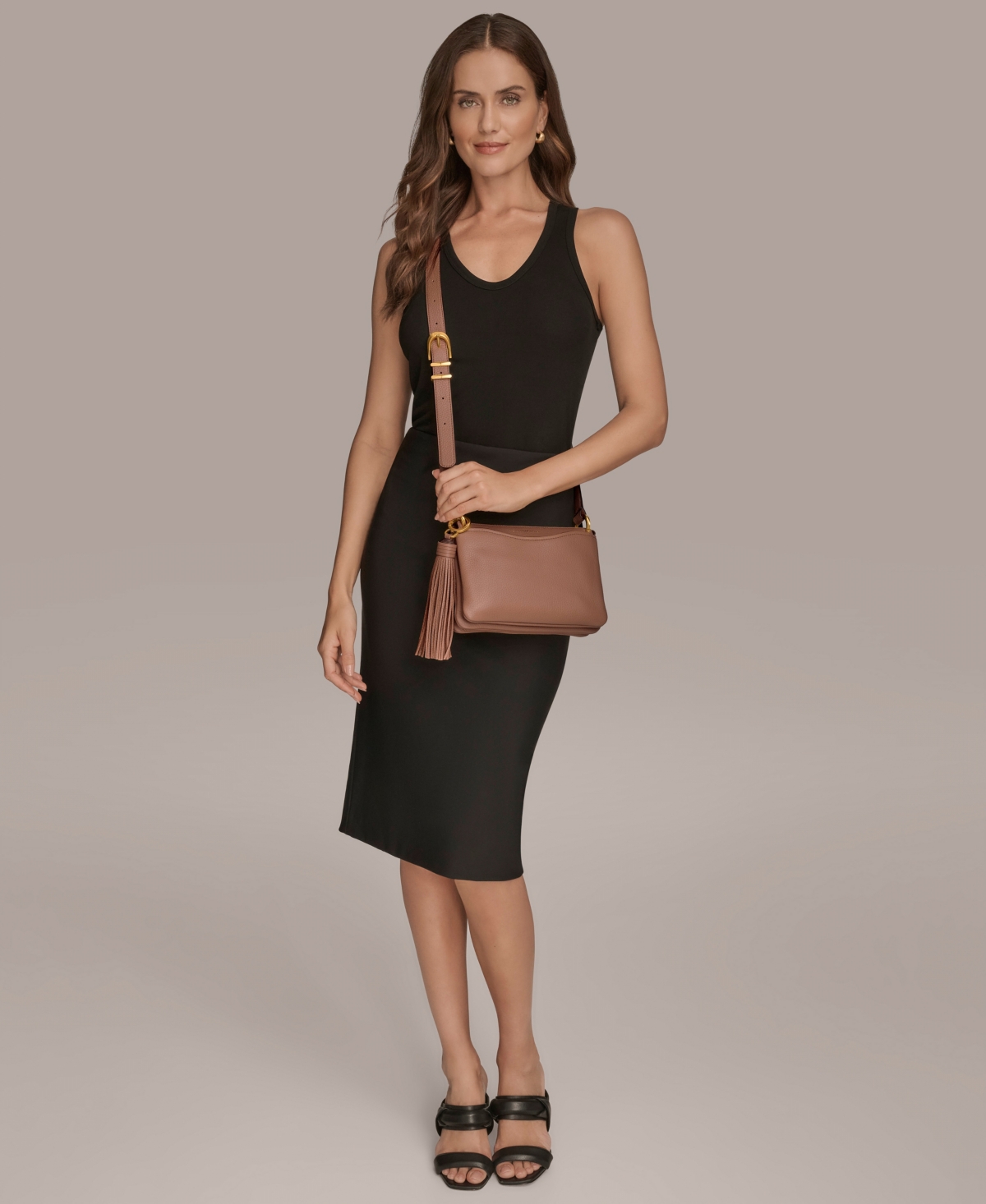 Donna Karan Glenwood Zippered Leather Crossbody With Tassel Detail In Brown