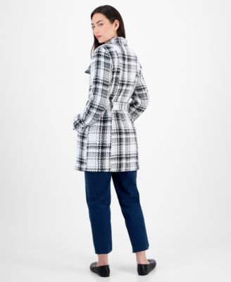 Juniors' Plaid Funnel-Neck Trench Coat