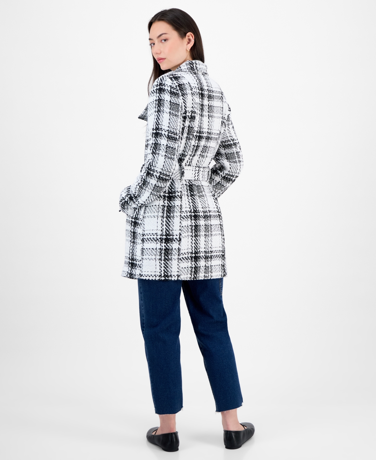 Bcx Juniors' Plaid Funnel-neck Trench Coat In Multi