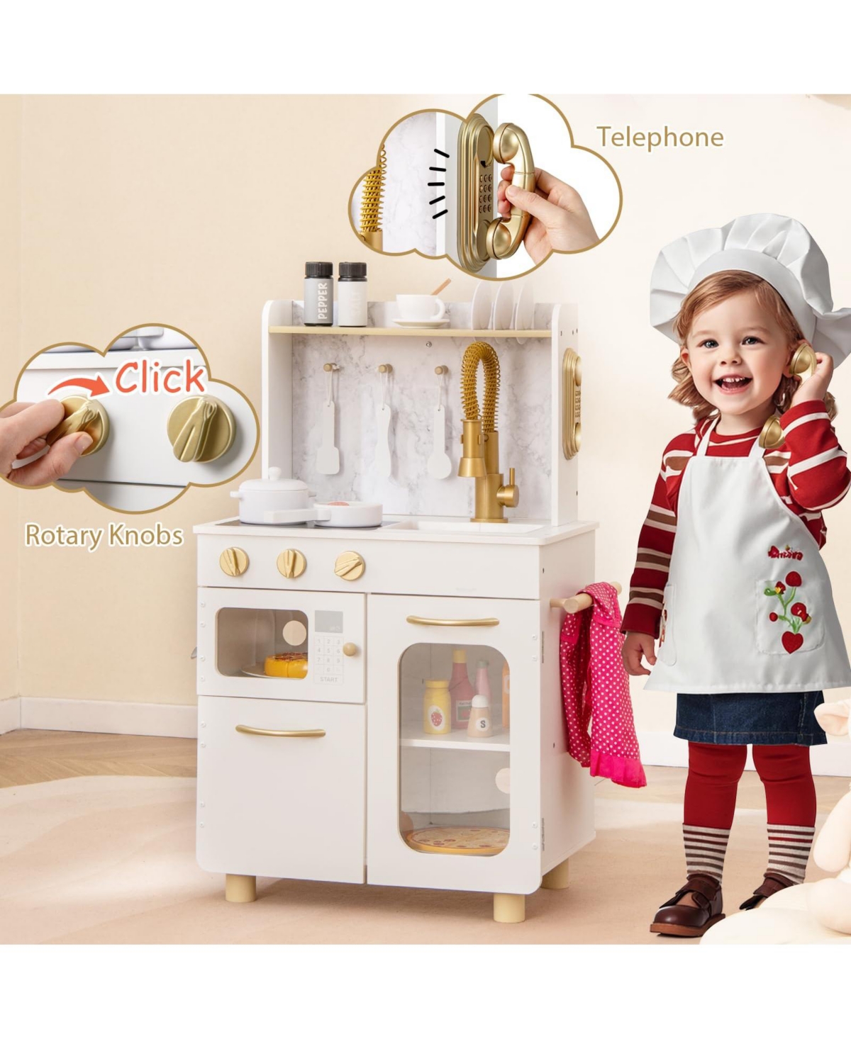 Mecale Kids Kitchen Set Pretend Play Kitchen with Stoves Faucet Sink Telephone Microwave and Oven-White