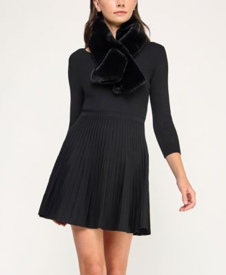 Juniors' 2-Piece Scoop Neck Faux Fur Scarf Fit & Flare Sweater Dress