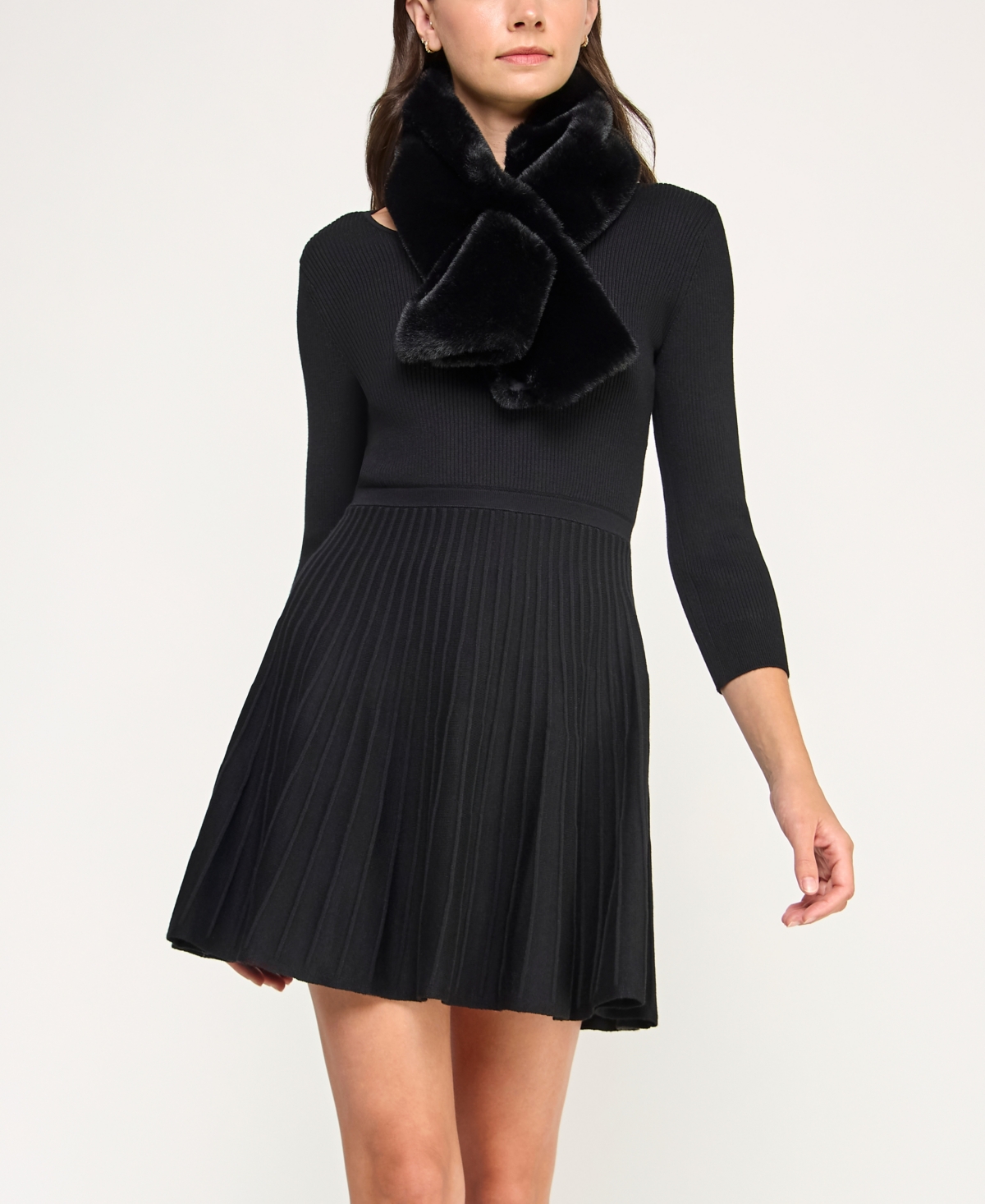 Bcx Juniors' 2-piece V-neck Fit And Flare Sweater Dress With Scarf Set In Black