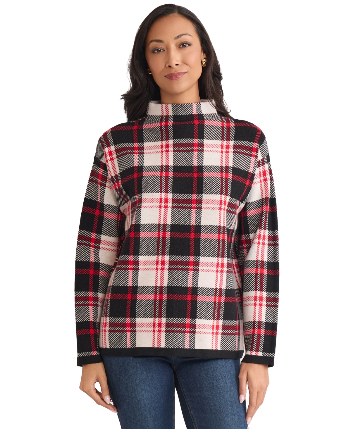 Jones New York Women's Birdseye Plaid Funnel Mock Neck Sweater