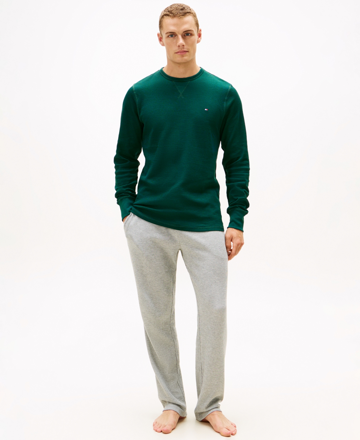 Tommy Hilfiger Men's Waffle-knit Long-sleeve Crewneck Thermal Top In Green