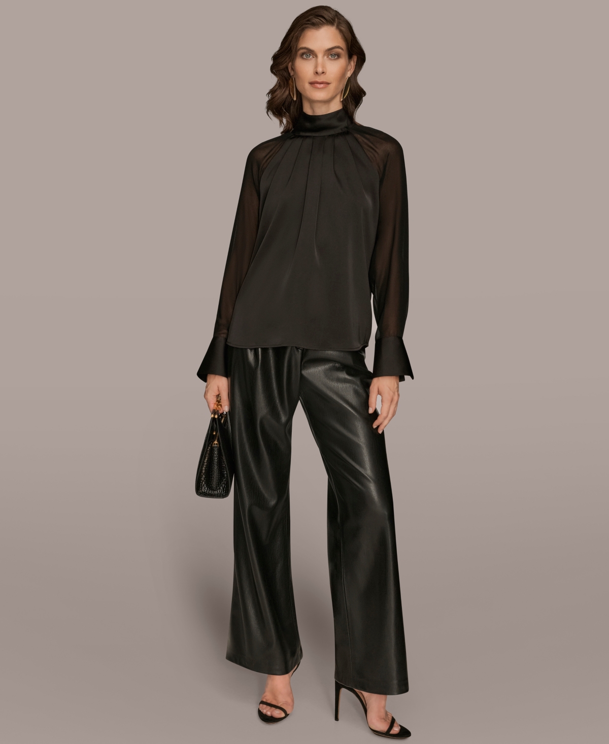 Donna Karan New York Pleated Sheer Sleeve Top In Black
