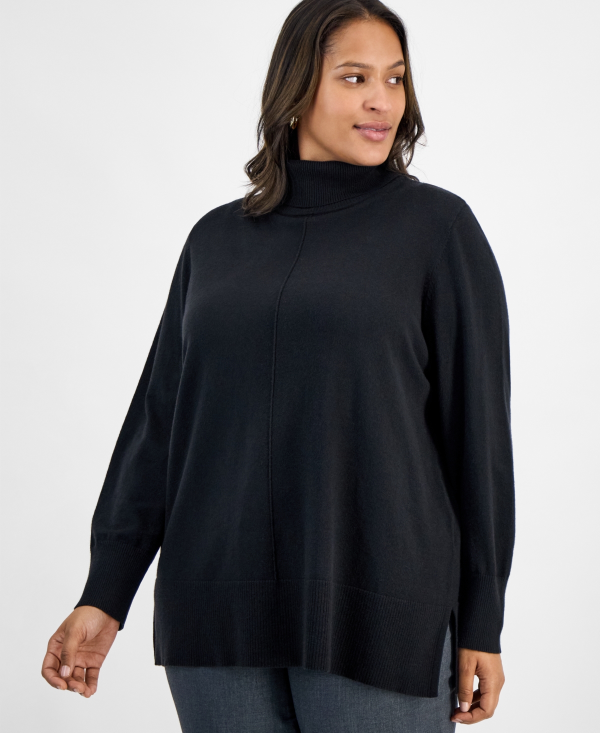 Jones New York Plus Size Pintuck Mock-neck Long-sleeve Sweater In Black