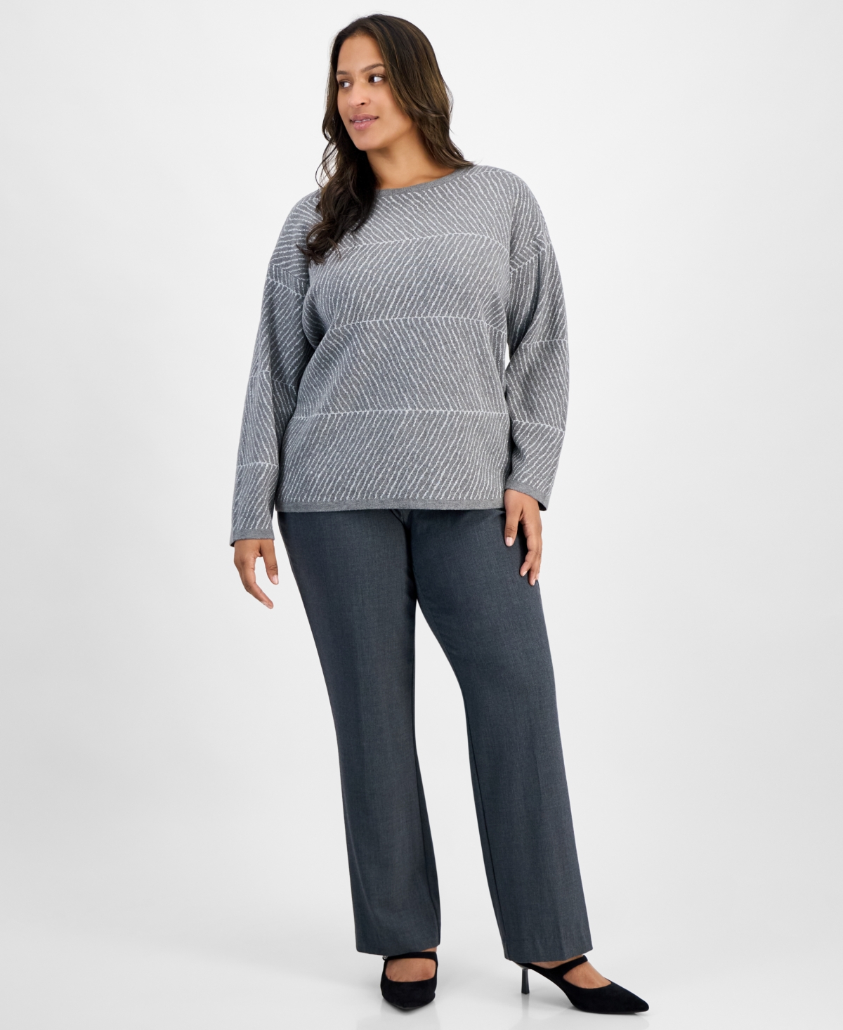Jones New York Plus Metallic Stripe Crewneck Sweater