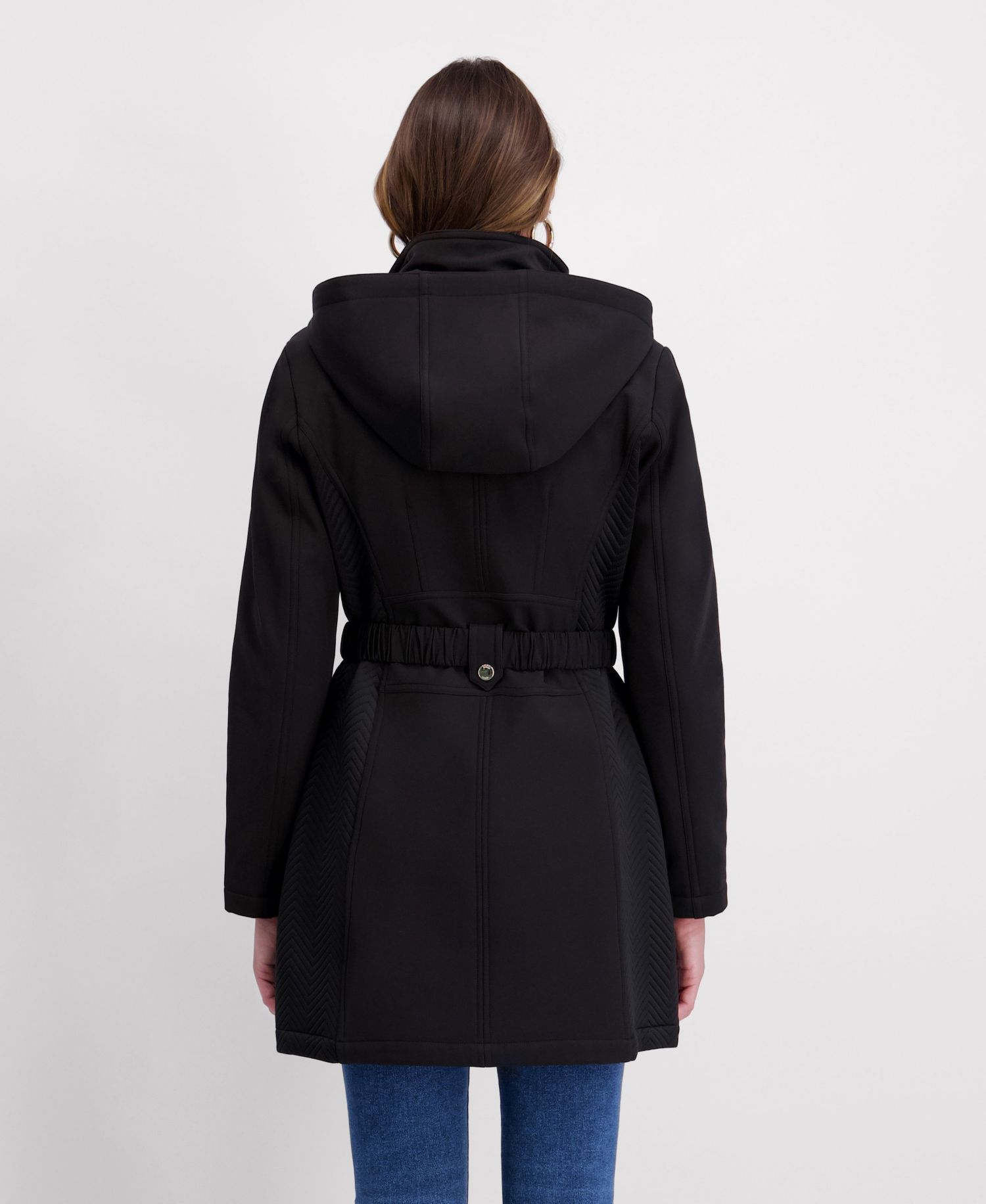 Women's Hooded, Metal Buckle Belted Softshell with Embossed Panels