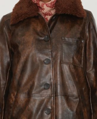 Women's Leather Contrast Collar Coat