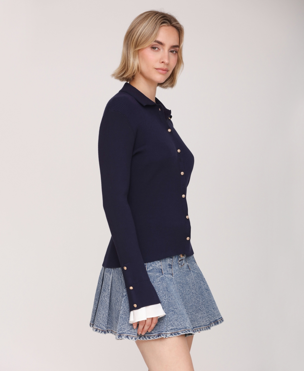 Avec Les Filles Women's Spread Collar Combo Cuff Cardigan In Blue