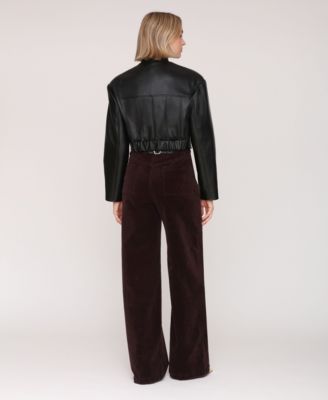 Faux Leather Women's Wide Shoulder Cropped Jacket