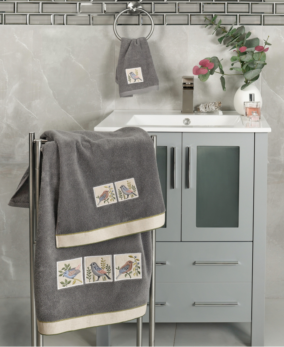 Linum Home Cotton Belinda Embellished 3-pc. Towel Set In Gray