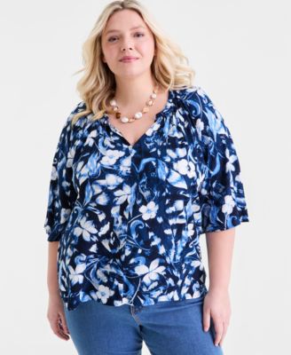 Plus Size Printed Flutter-Sleeve Top, Macy's Exclusive
