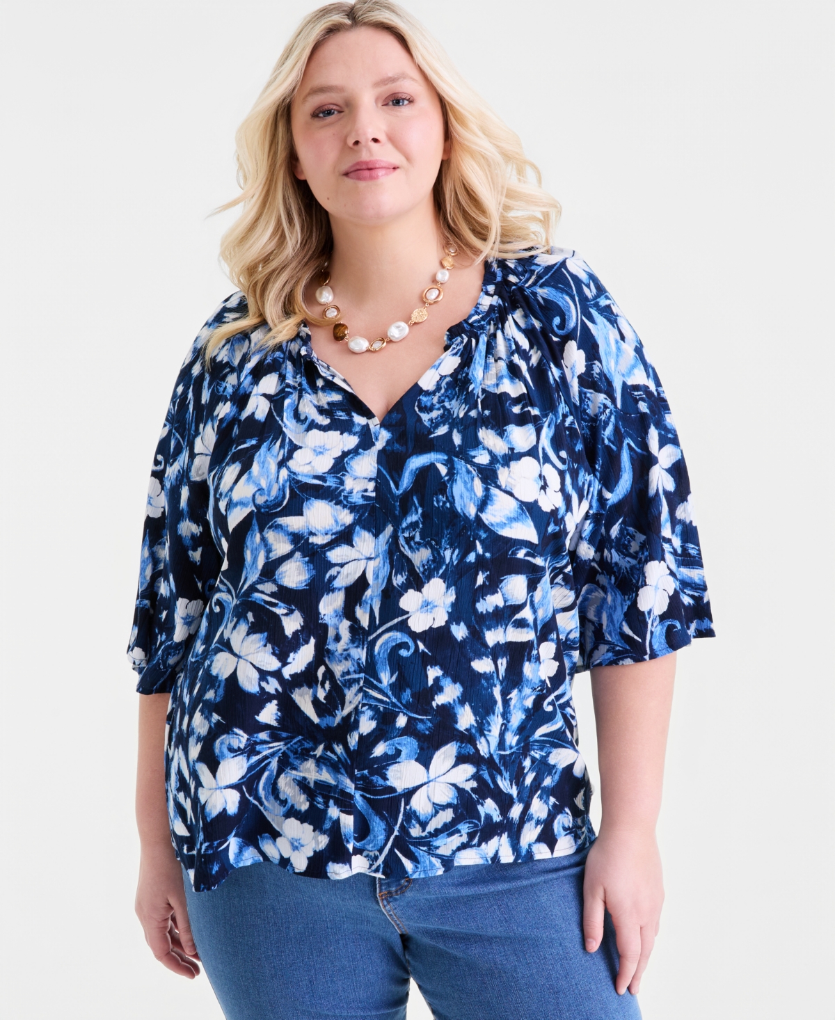 Style & Co Plus Printed Flutter-Sleeve Top, Macy's Exclusive