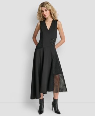Missy Sleeveless Mix Media Panel Asymmetrical Knit Dress