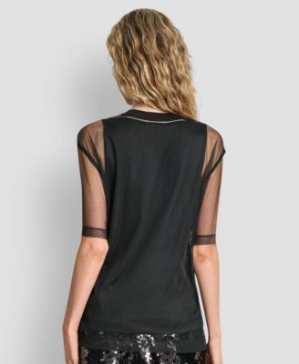 Women's Sequined Layered Short Sleeves Mesh Top